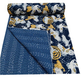 Indian Bird Print Kantha Quilt – Handmade Vintage Cotton Queen Size Bedspread & Throw